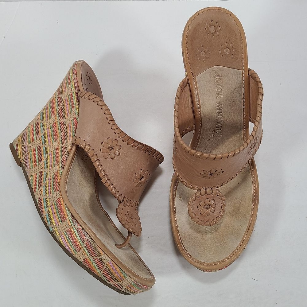 Jack Rogers Marbella Rainbow Cream Tan Wedge Heel Sandals Women Size 9M